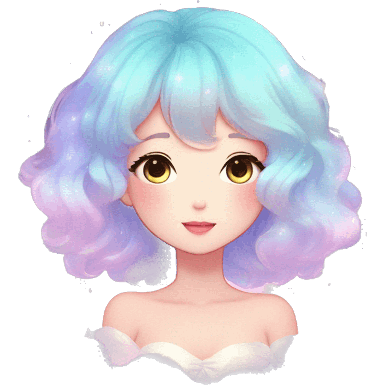 Gorgeous pastel anime style lady blushing nebula gradient sparkle face dreamy idol model colorful shiny stars galaxy kawaii cottagecore pearly petite simplistic aesthetic trending style emoji