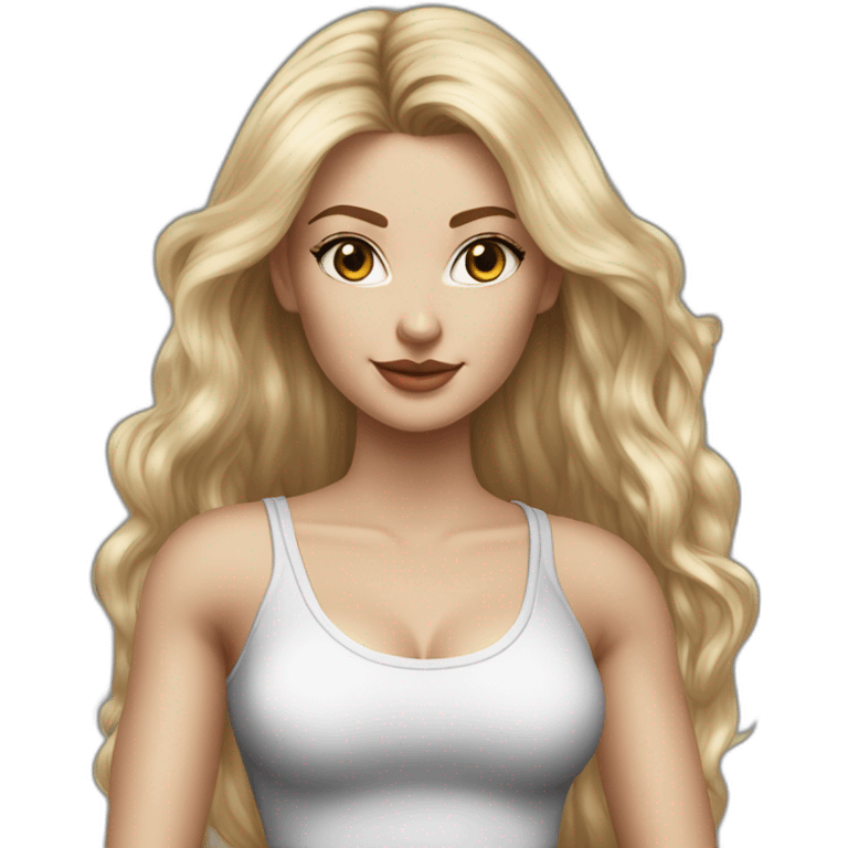 hyperrealist caucasian, long blonde hair, brown eyes, woman, white decollette tank top, gray tight mini skirt, black high heels, frontal view emoji