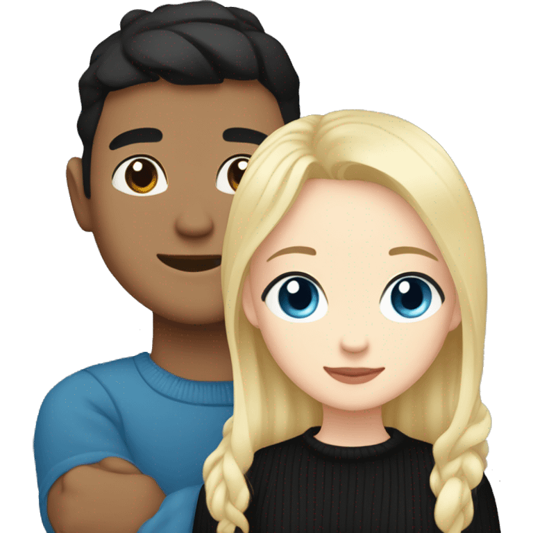 Blonde girl with blue eyes in black sweater and an east asian with light skin man with black hair and black eyes hugging emoji