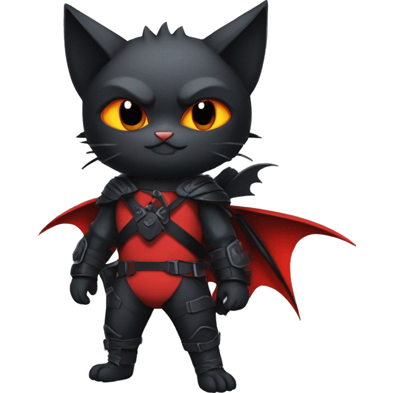 Cool Edgy Ninja Bat-Litten-Nargacuga-Cat with black bat-wing-ears with a red harness full body emoji