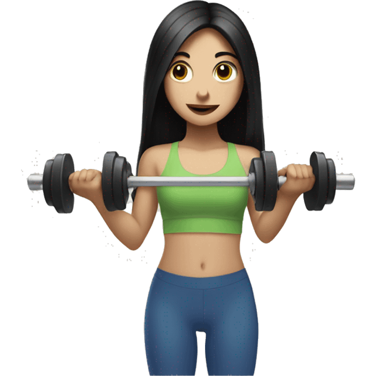 Pale girl with long black hair lifting weights emoji