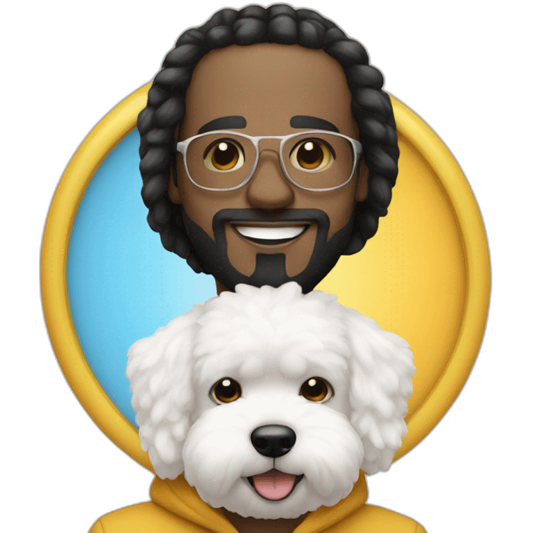 rapper-with hoop-white skin-black hair-beard-bichon dog-white-smile emoji