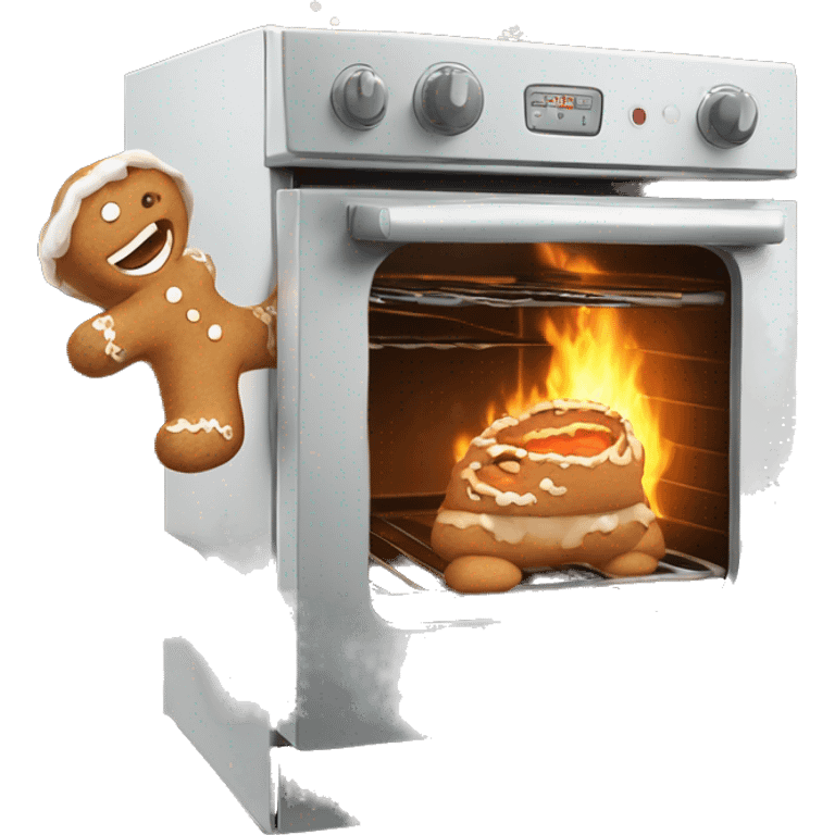 Oven burning with  gingerbread man running trying to escape  emoji