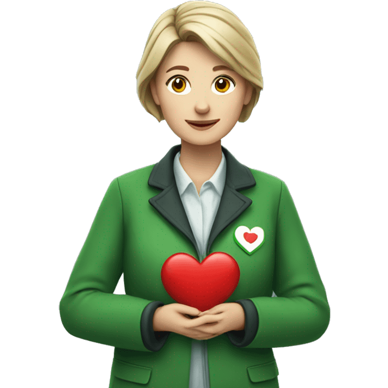 A European female teacher in a green jacket holds a heart in her hands emoji