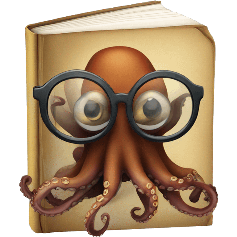 A octopus wearing glasses hiding behind a book emoji