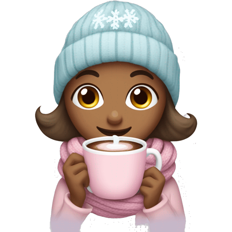 Create a cozy, feminine winter-themed emoji with pastel colors like pink and light blue. Include elements like a hot chocolate cup, scarf, sweater, and snowflakes, giving a warm, inviting winter vibe. emoji