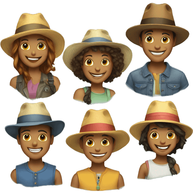 Happy friends with hats emoji