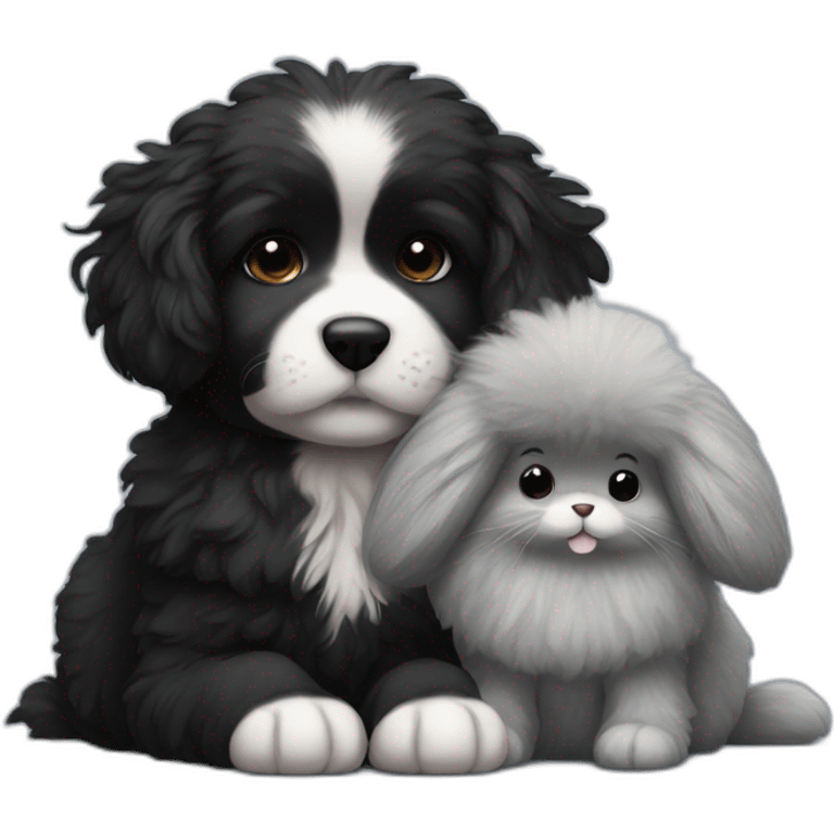 Black small fluffy dog laying with gray small fluffy bunny emoji