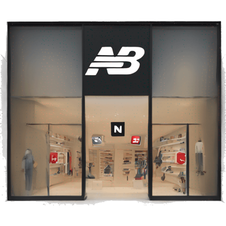 “New Balance store exterior with a clean, modern facade, the iconic ‘N’ logo, large windows showcasing athletic footwear, and a minimalist entrance.” emoji