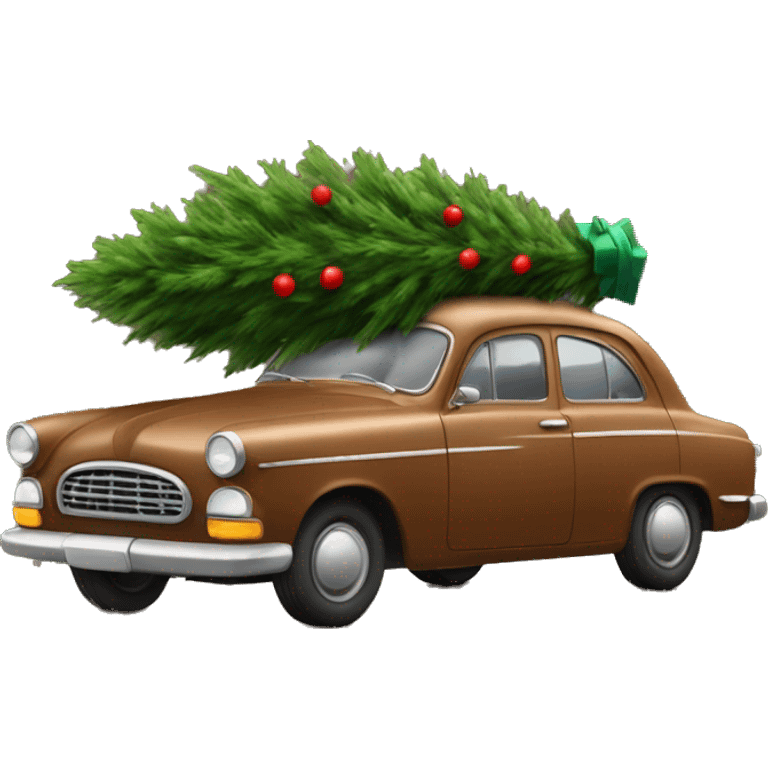 a brown car carries a beautiful Christmas tree emoji