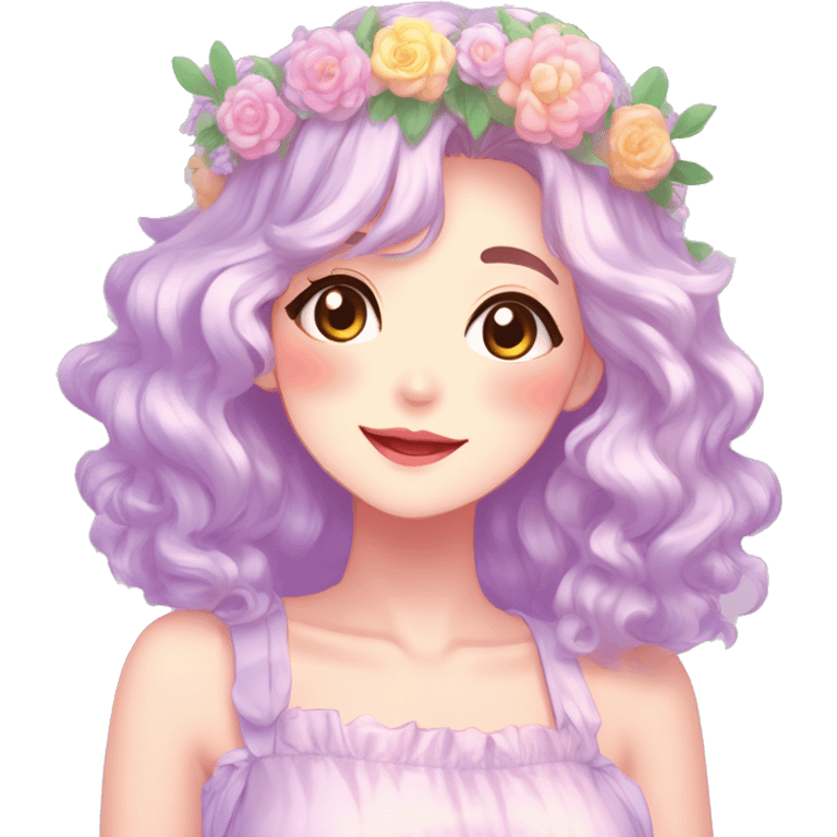 Gorgeous Shiny Colorful Pastel Anime Style Mature Lady with blushing face and pretty hair with a flower crown pastelcore kawaii cottagecore fairycore aesthetic trending style emoji