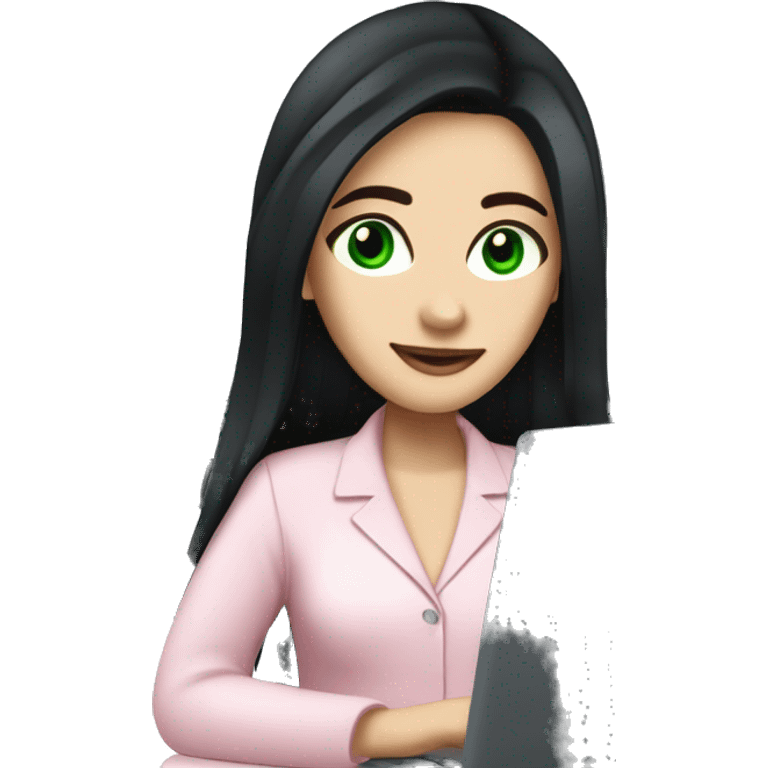 A pretty white girl with very long black hair and green eyes working on the computer in a light pink work attire emoji