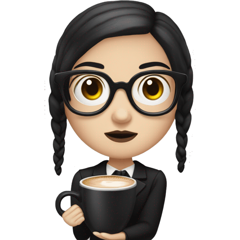 Wednesday Addams wearing square black glasses an holding a steaming coffee  mug  emoji