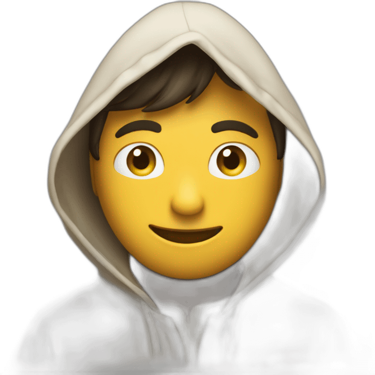 Guy with a hood covering his eyes, smiling and holding his hands together in a large droopy cloak emoji