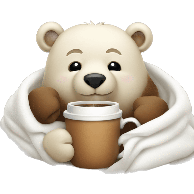 Bear cuddled in a white blanket holding steaming coffee in a mug emoji