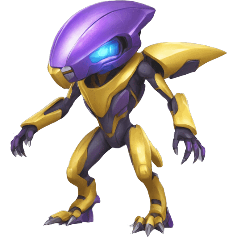 a shiny Genesect-Raptor-Fakémon—hybrid with a futuristic visor-helmet full body emoji