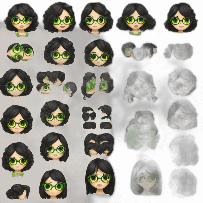 Girl square glasses a lot of earrings black hair mid long green eyes emoji