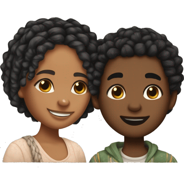 Realistic black girl with box braids and light skin boy with short curly hair and a short beard hugging emoji