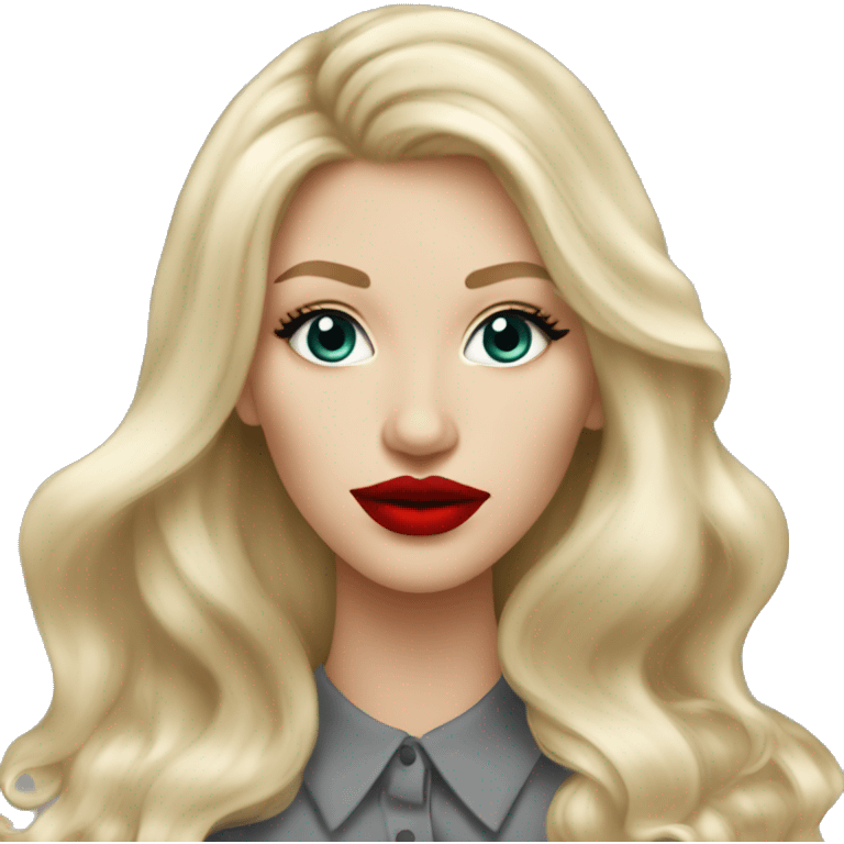 Russian Blonde long hair with big red lips small nose and black eyes Tiffany diamond seller in a grey suit emoji