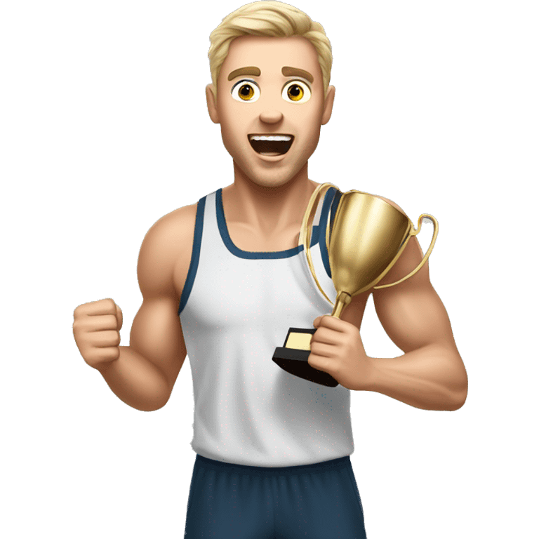 white male athlete is holding a winner trophy and yelling emoji