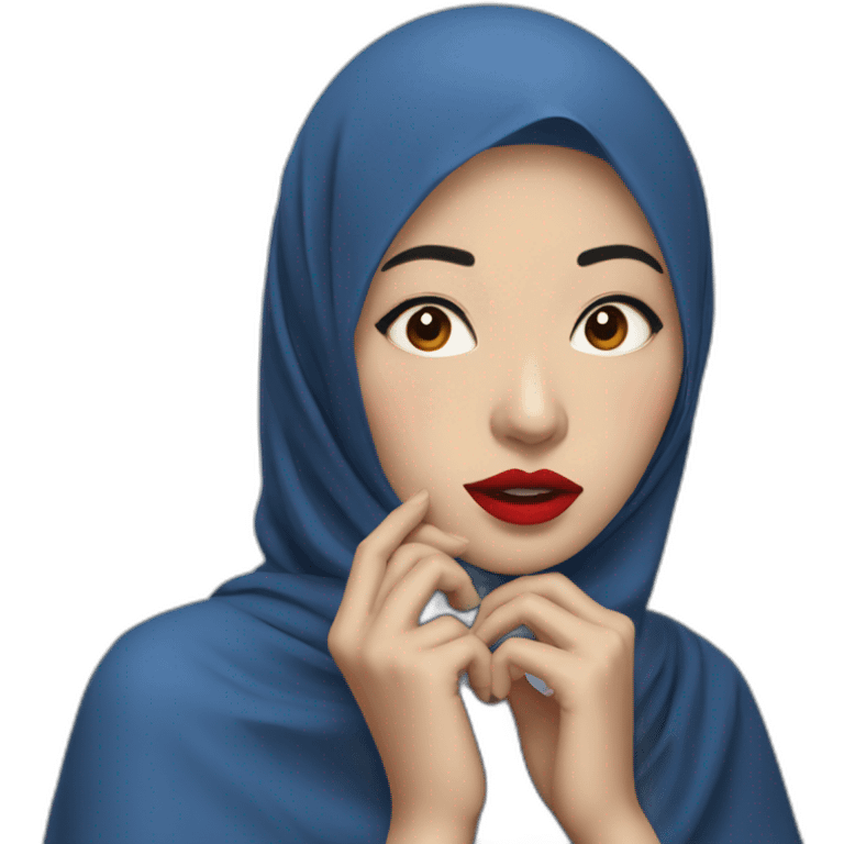 Asian women wearing blue indigo hijab with red lipstick with shocked face emoji