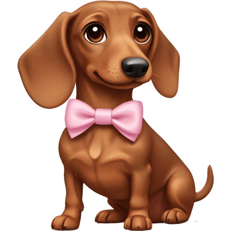 Brown dachshund with a light pink bow and a collar named “Emma” emoji