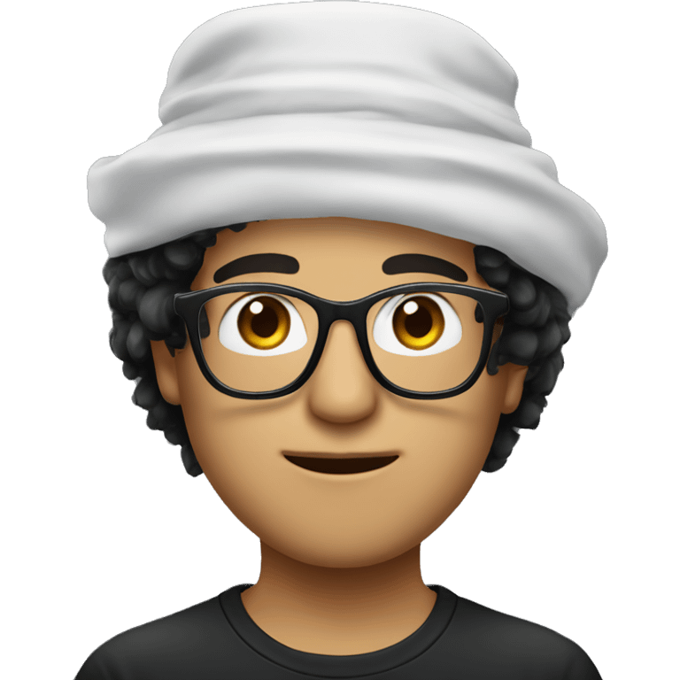 White person with fluffy messy black hair wearing a arabic hat and black glasses emoji