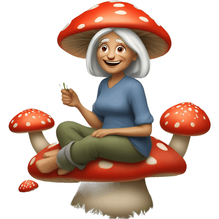 60 year old woman sitting on red mushroom holding daisies emoji