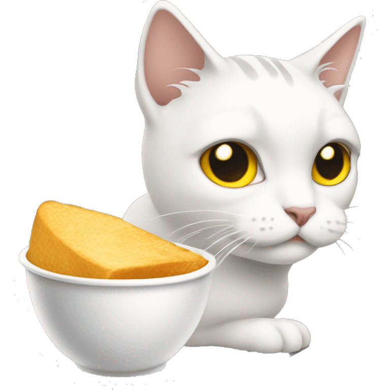 Gato blanco con gris y ojos amarillos comiendo pollo emoji