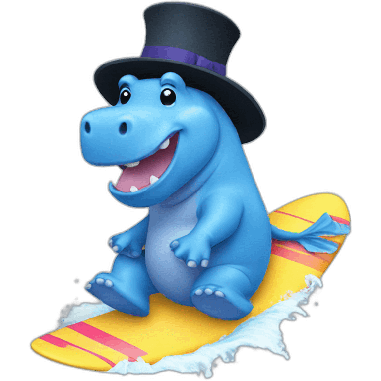 Blue hippo with a hat surfing emoji