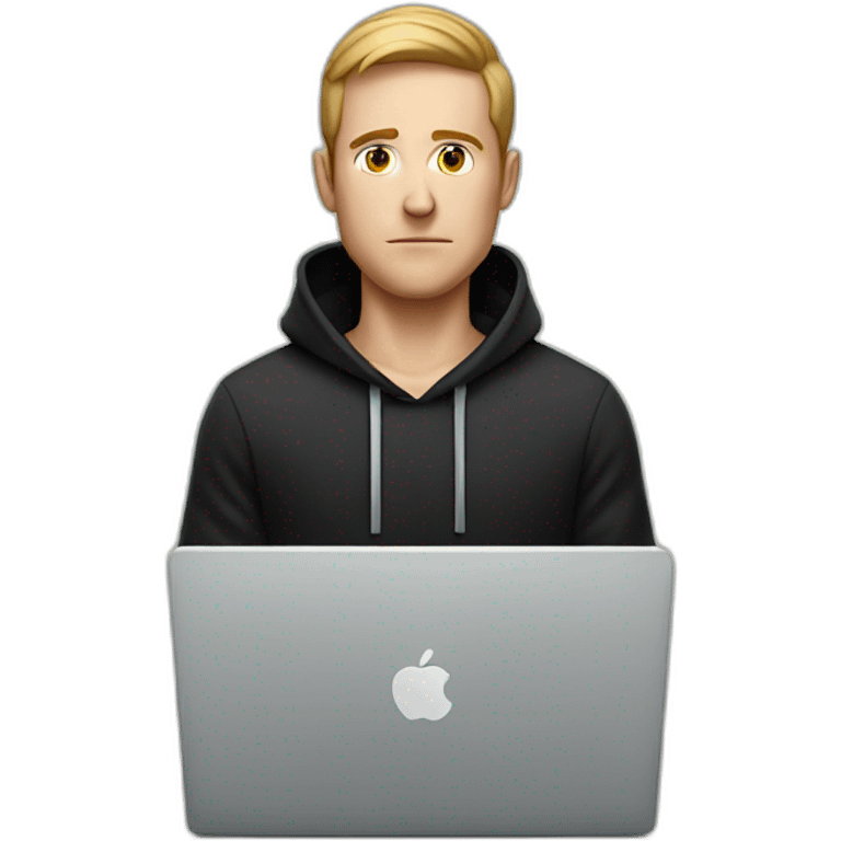 a serious-looking white man wearing a black hoodie behind a laptop emoji