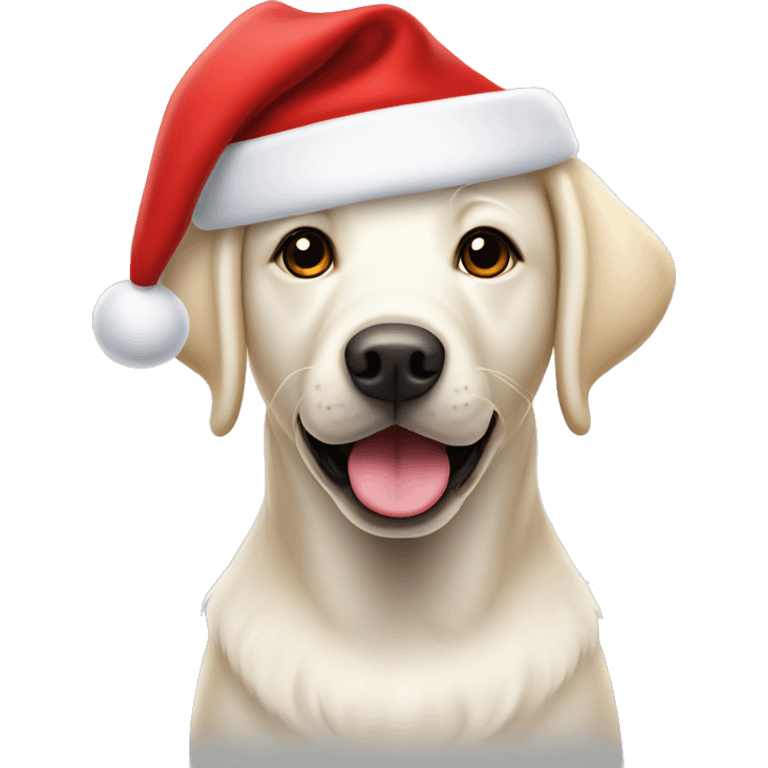 White Labrador retriever wearing Santa hat emoji