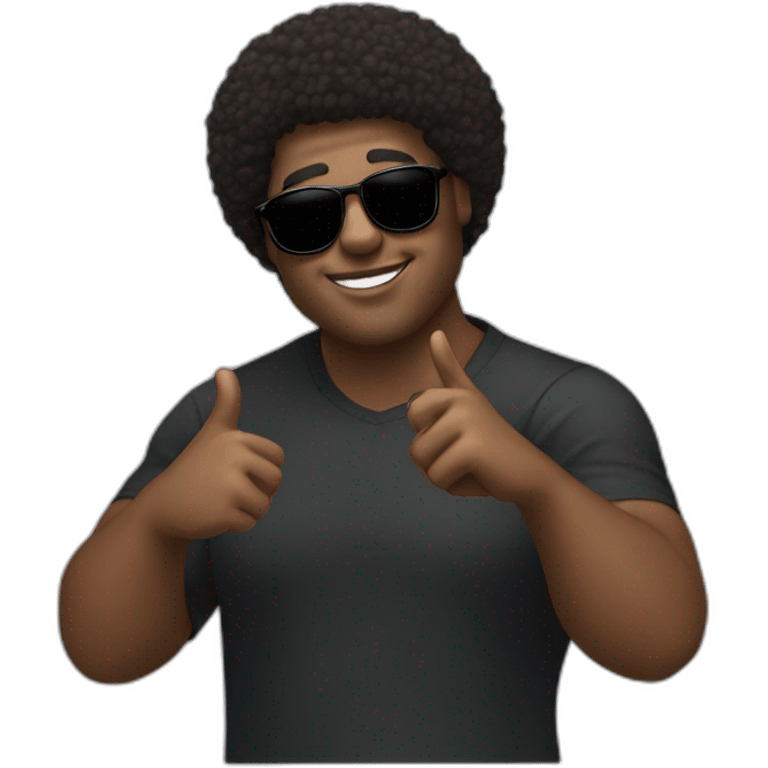 A black man with a chubby oval face, a light beard and short afro hair. And sunglasses. He's making the 🖖 sign emoji