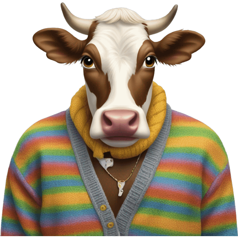 Gay cow eating wearing a cardigan with Eminem and cardi b emoji