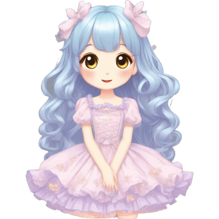 Cute kawaii gorgeous pretty anime pastel lady beautiful hair with gorgeous dress fairycore cottagecore detailed high quality trending aesthetic emoji