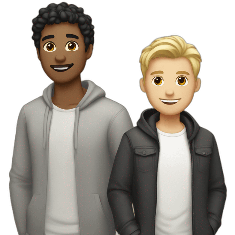 Gay couple, 1 guy Latino black straight black hair and 1 Australian white guy with blonde slightly curly hair holding a cat emoji