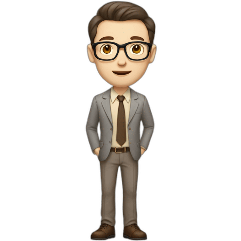 Full height Actively Gesturing Pale skinned fit man with dark brown hair in gray jacket, beige office shirt, brown tie, brown pants and vintage glasses. emoji