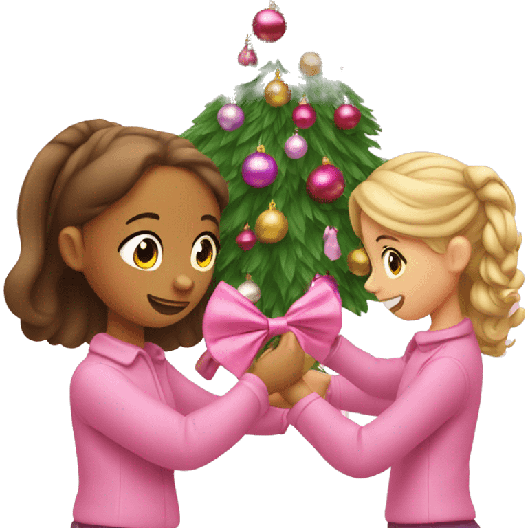 Two girls putting up bow ornaments on a pink Christmas tree emoji