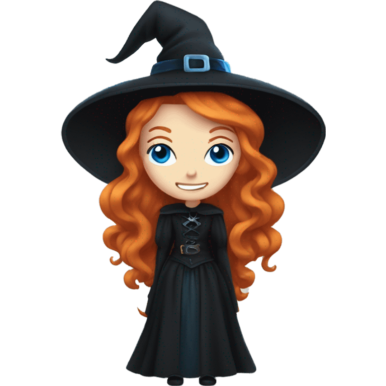 Gothic witch with blue eyes, ginger hair, smiling emoji