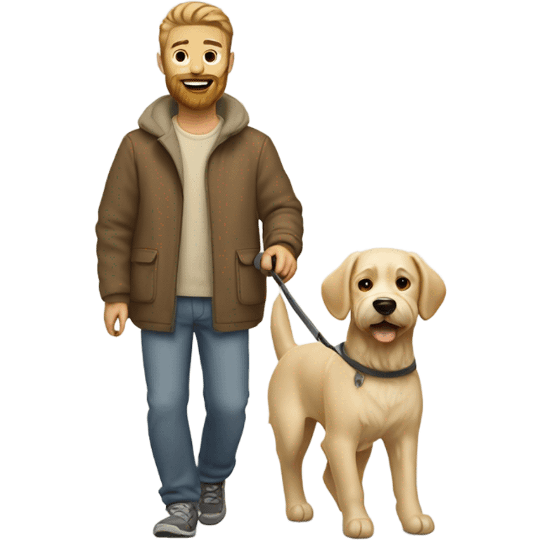 Bearded man taking his short hair beige dog for a walk  emoji