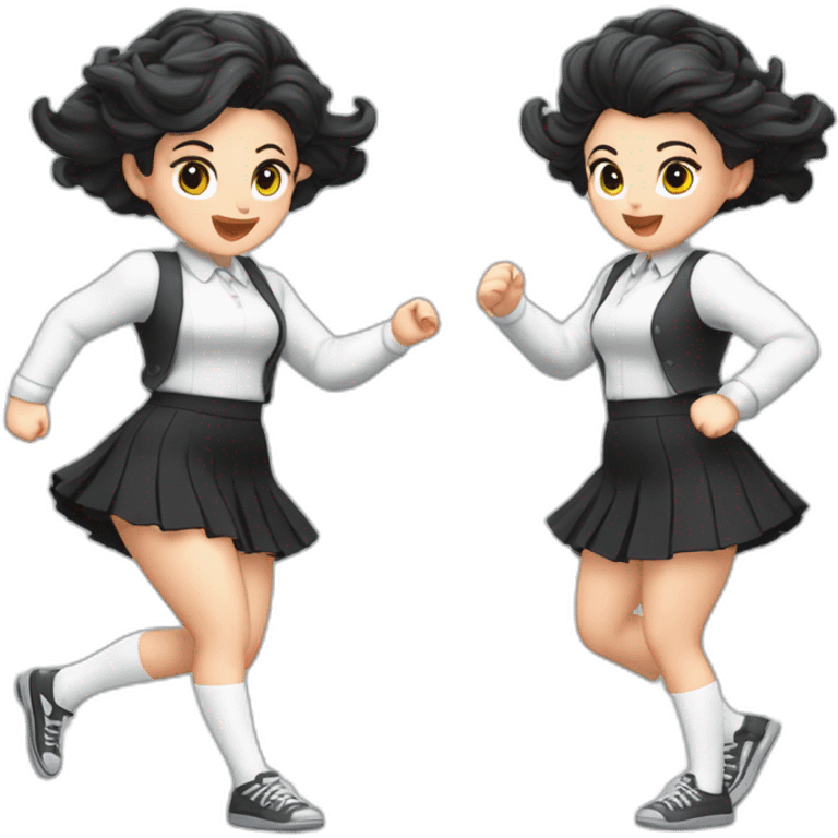 full-body-caucasian-curvy-beauty-jumping-short-black-skirt-back-and-front-views-strong-wind-knickers-long-white-socks emoji