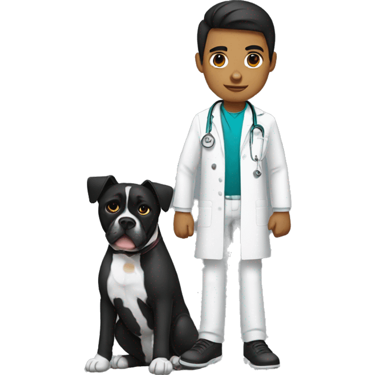 Young Mexican doctor with big black boxer dog with white face emoji