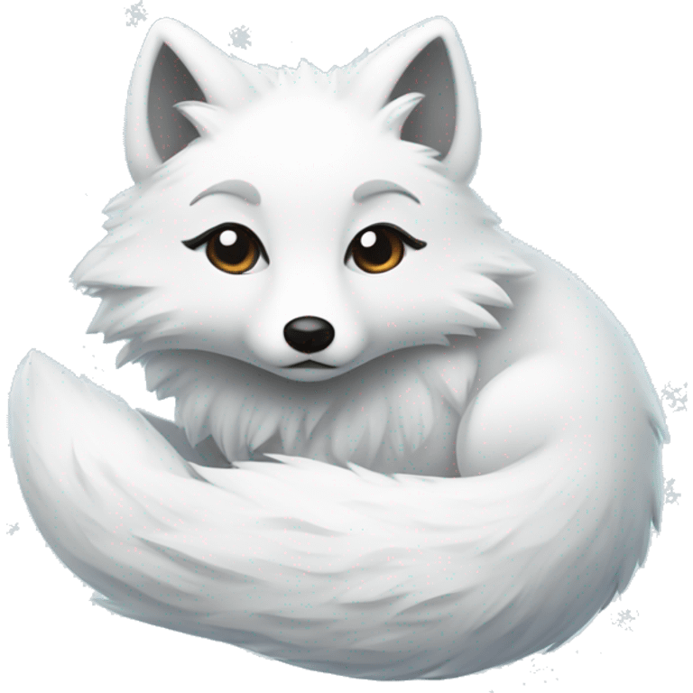 Arctic fox curled up with snowflakes falling around it emoji