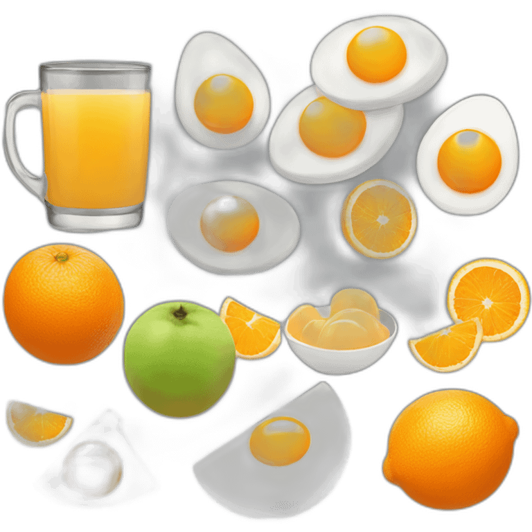 Orange juice, fried eggs and fruit emoji