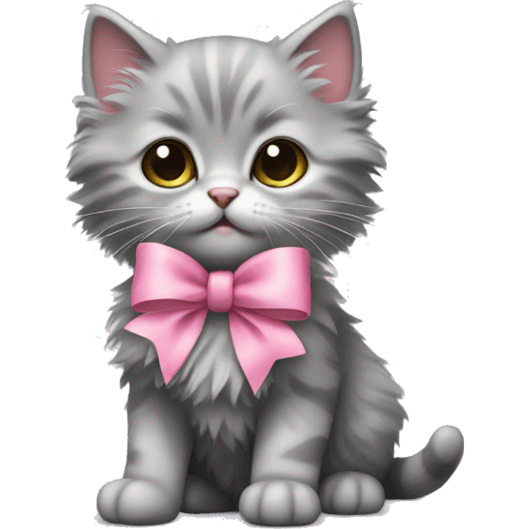 small gray fluffy kitten with a full-length pink bow emoji