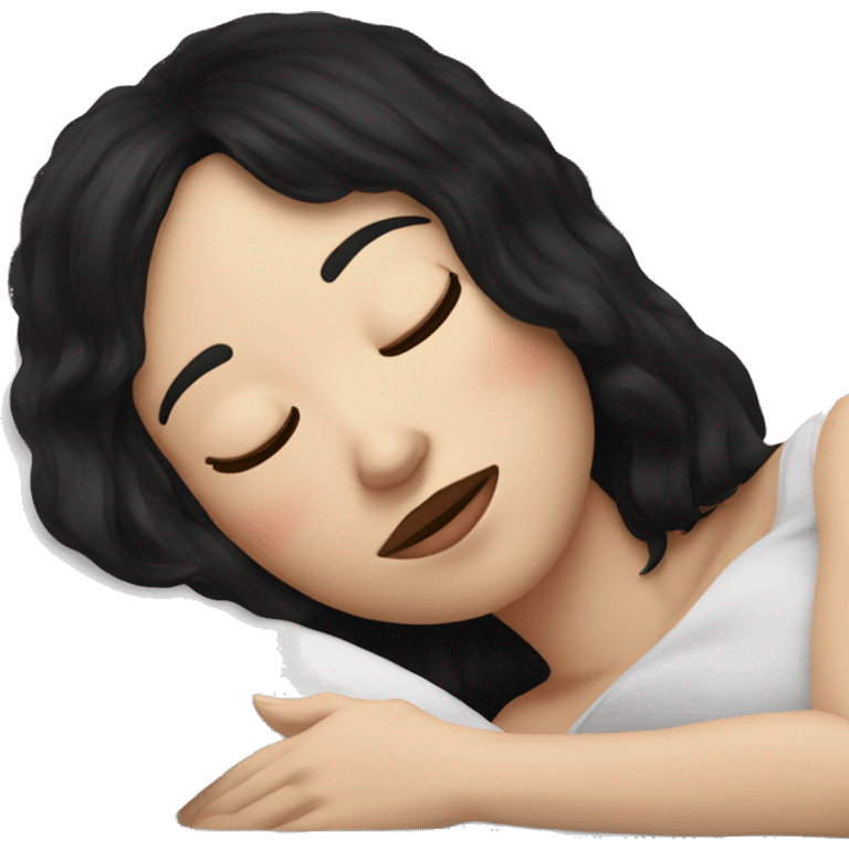 Woman pale skin black hair with bangs sleeping in bed with pillow, white woman emoji