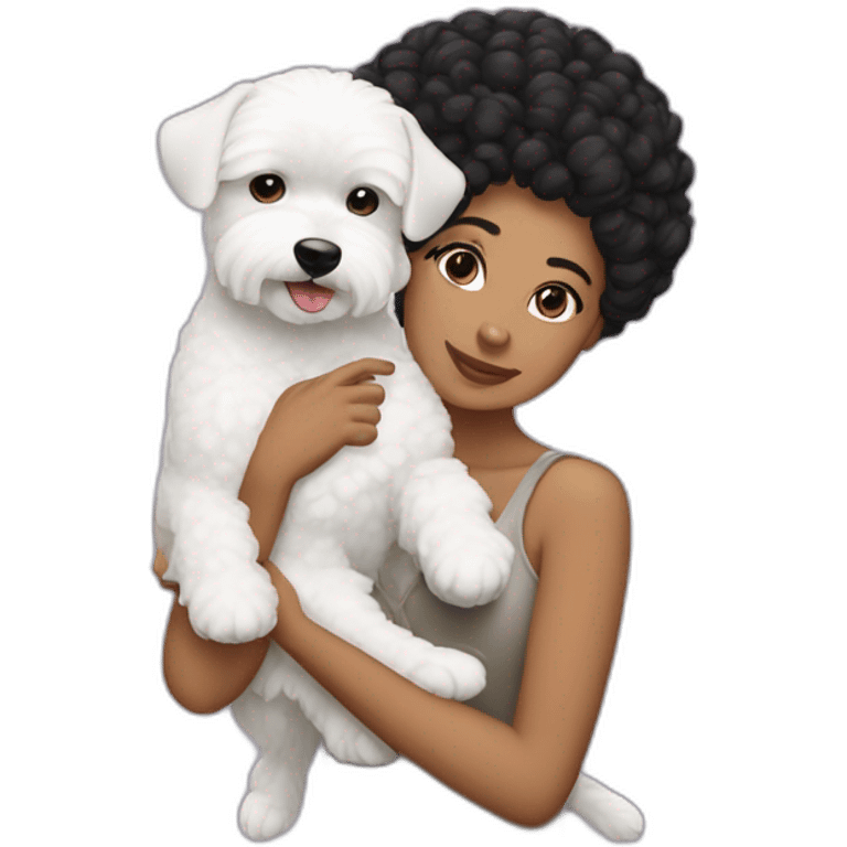 mujer con peinado de chongo negro con perro bichon blanco emoji