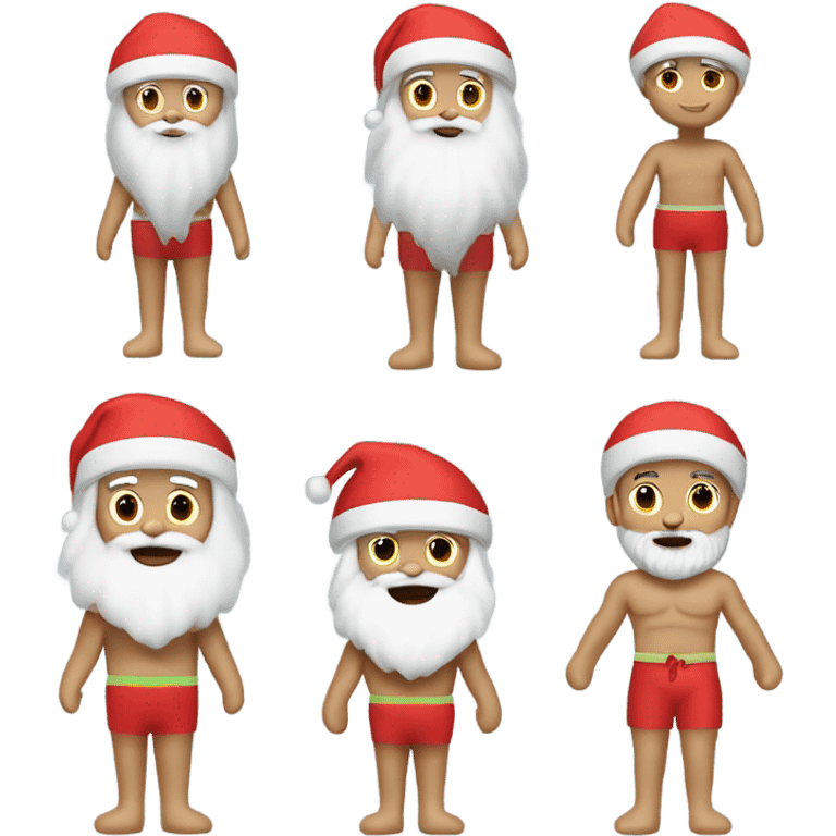 Santa a white man, traditional at the beach with a swim top for women on a surf board, wearing a woman’s swim top. Make him also flamboyant with a big white beard. Santa is Lebanese shawarma man emoji