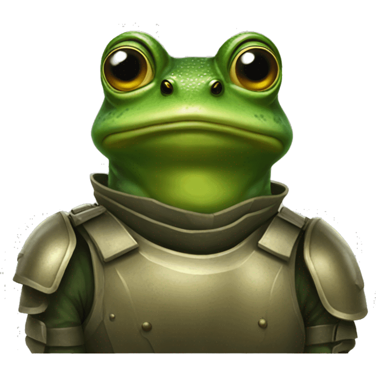 A frog doing the thousand yard stare with army armor on emoji