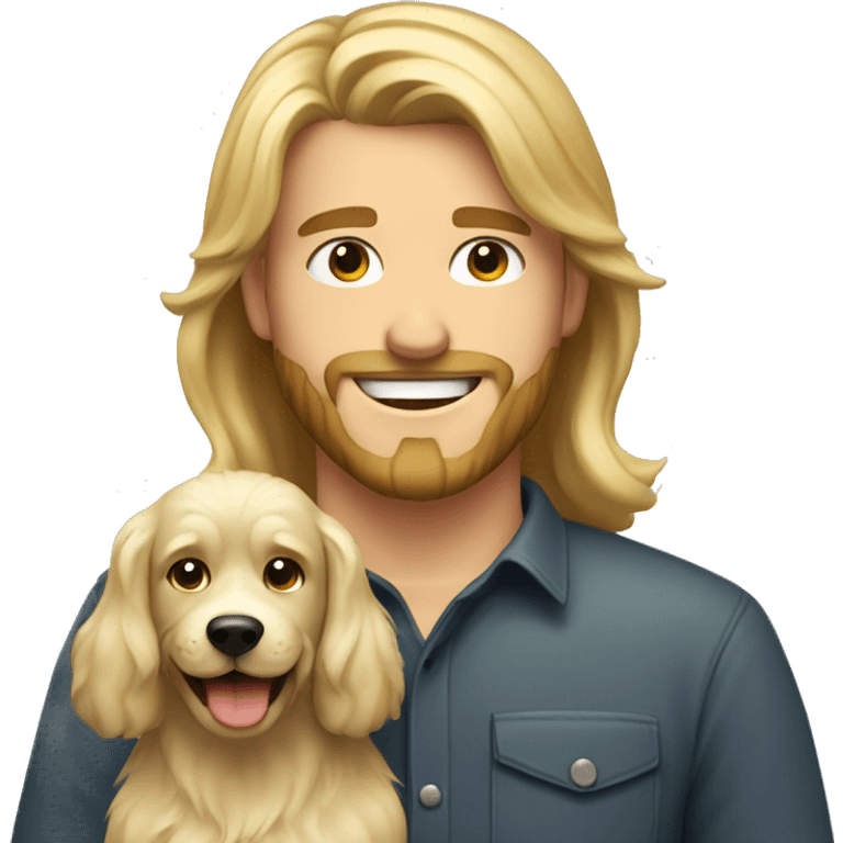 smiling bearded blonde boy with and long hair with dog indoors emoji